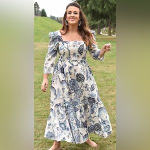 Blue Floral Puff Sleeve Maxi Dress Conference Sunday Up